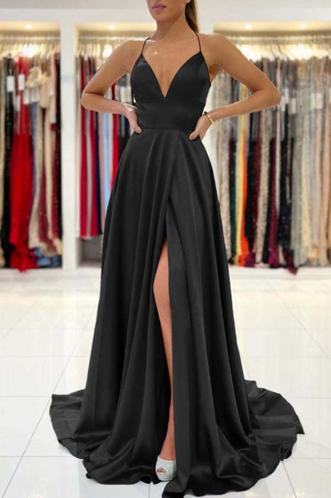 Royal Blue V-Neck Prom Dress Sleeveless With Slit - Prom Dresses