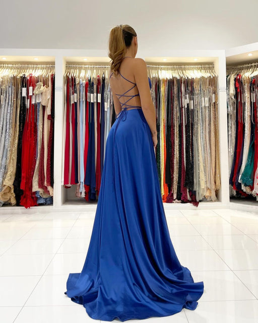 Royal Blue V-Neck Prom Dress With Slit