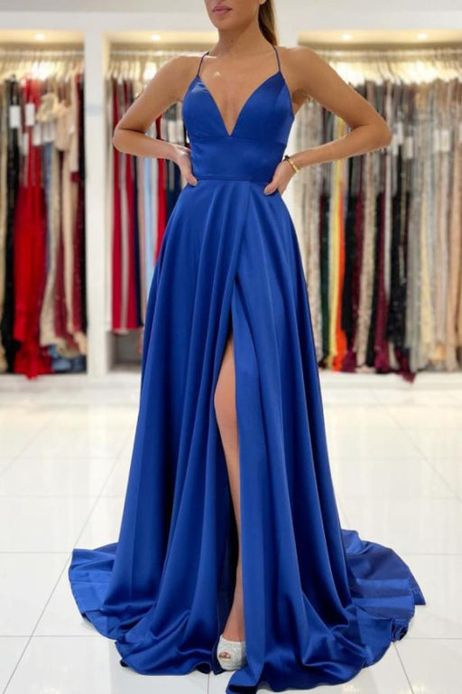 Royal Blue V-Neck Prom Dress With Slit