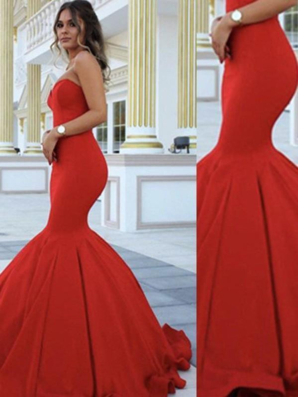 Red Sweetheart Sleeveless Mermaid Satin Floor-Length Prom Dresses with Beading