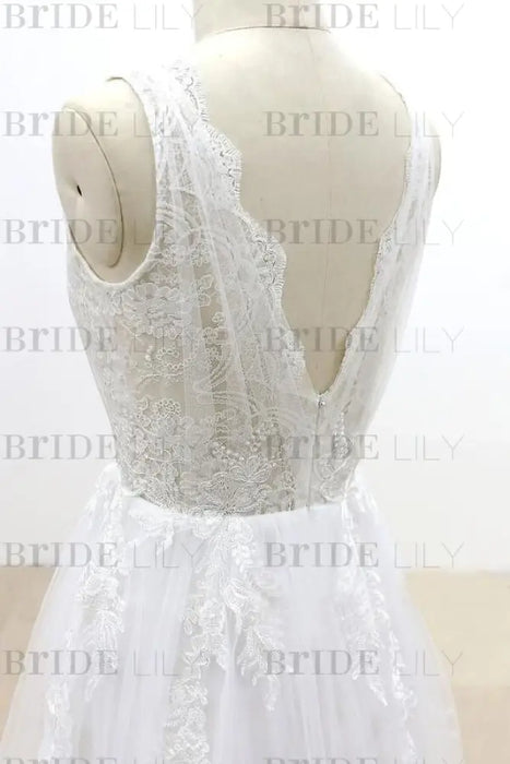 Ruffle V-neck Appliques Tulle A-line Wedding Dress - Wedding Dresses