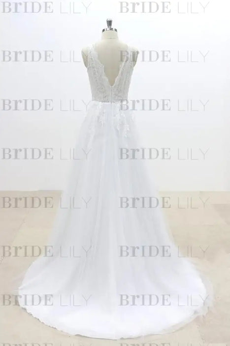 Ruffle V-neck Appliques Tulle A-line Wedding Dress - Wedding Dresses