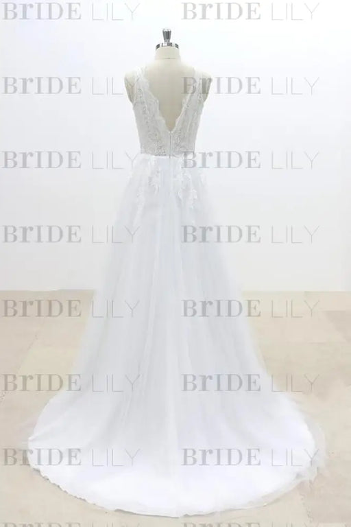 Ruffle V-neck Appliques Tulle A-line Wedding Dress - Wedding Dresses
