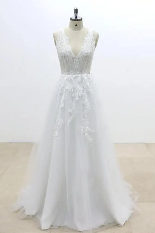 Ruffle V-neck Appliques Tulle A-line Wedding Dress - Wedding Dresses