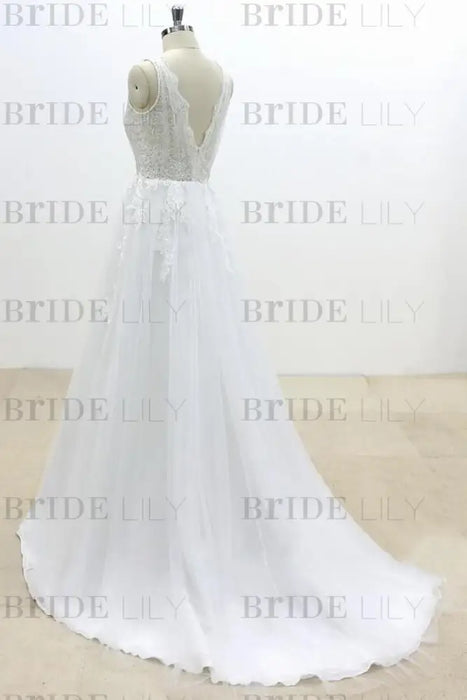 Ruffle V-neck Appliques Tulle A-line Wedding Dress - Wedding Dresses