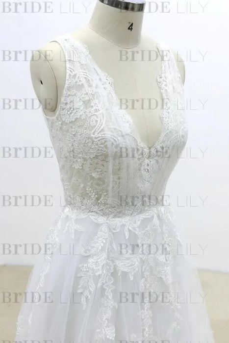 Ruffle V-neck Appliques Tulle A-line Wedding Dress - Wedding Dresses