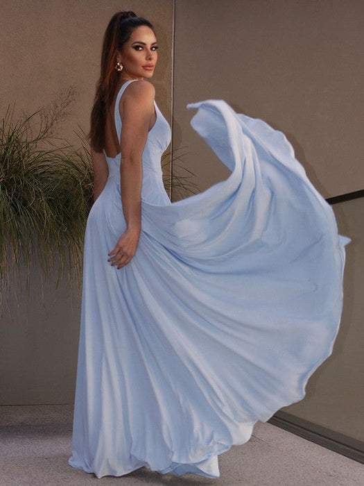 A-Line/Princess Ruffles Jersey V-neck Sleeveless Floor-Length Dresses - Prom Dresses