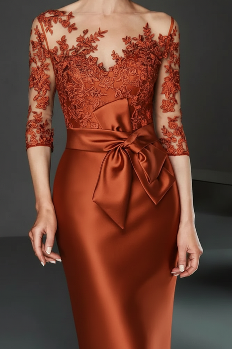 Rust Bateau 3/4 Long Sleeves Satin Mother of the Bride Dresses with Lace - Prom Dresses