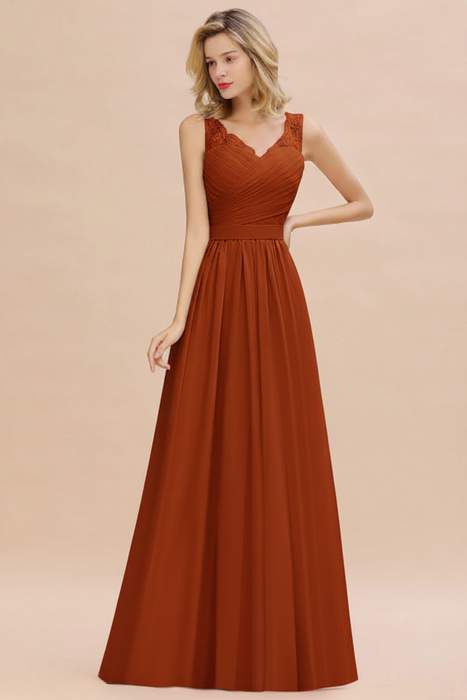 Rust Modest Floral Lace A-line Bridesmaid Dress V-Neck Floor Length Chiffon Wedding Guest Dress 