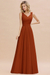 Rust Modest Floral Lace A-line Bridesmaid Dress V-Neck Floor Length Chiffon Wedding Guest Dress 