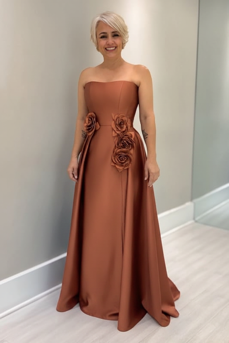 Rust Satin Mother of the Bride Dress Strapless with Flowers - Prom Dresses