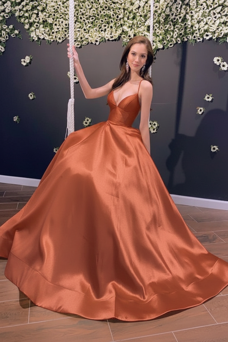 Rust Simple A Line V Neck Backless Yellow Long Prom Dresses