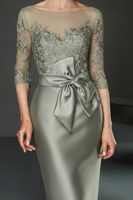 Sage Bateau 3/4 Long Sleeves Satin Mother of the Bride Dresses with Lace - Prom Dresses