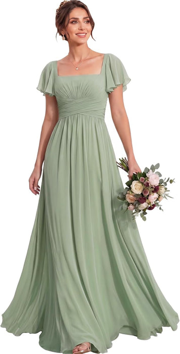 Bridelily Women's Flutter Sleeves Bridesmaid Dresses Square Neck Chiffon Maxi Dres - Sage Green