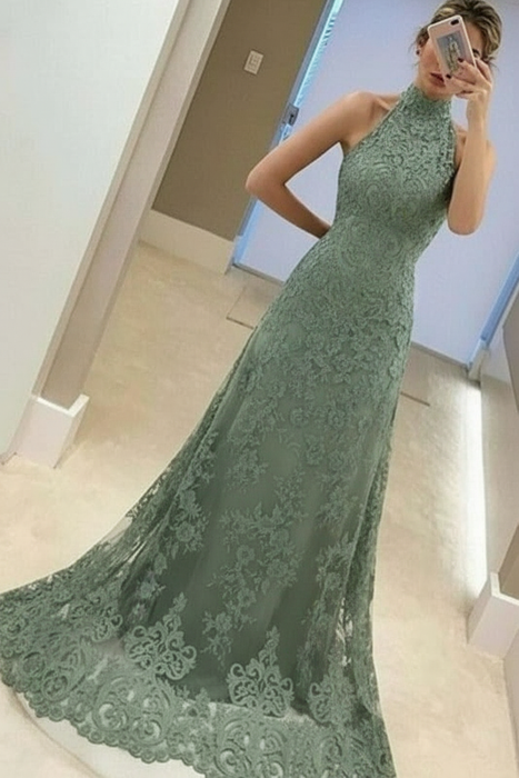 Sage Green A-Line High Neck Sleeveless Floor-Length Lavender Lace Prom Dress - Prom Dresses