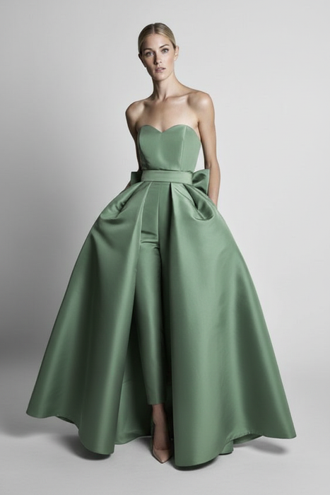 Sage Sweetheart Evening Jumpsuit Ball Gown Ankle Length Sleeveless Satin Social Party Jumpsuit