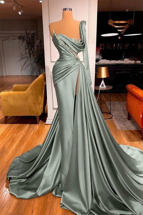 Sage Green One Shoulder Mermaid Prom Dress Beaded with Split