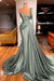Sage Green One Shoulder Mermaid Prom Dress Beaded with Split