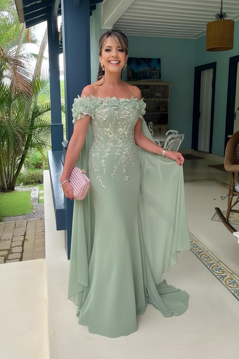 Sage Green Off-The-Shoulder Mermaid Chiffon Wedding Guest Dresses Long with Appliques - Prom Dresses