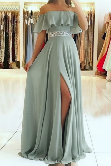 Sage Green Off the Shoulder Split Prom Dress with Beading Waist Flowy Party Dresses - Prom Dresses