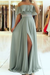 Sage Green Off the Shoulder Split Prom Dress with Beading Waist Flowy Party Dresses - Prom Dresses