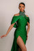 Sage Green Prom Dress with Pleated Halter, Split, and Rhinestone