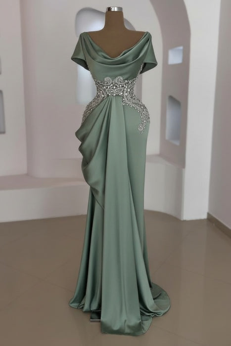 Sage Green Scoop Neck Ruffles Satin Prom Dress Mermaid Sleeveless Evening Dress with Beads