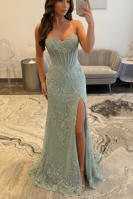 Sage Green Sweetheart Lace Mermaid Evening Dress Sequins Corset Prom Dress with Appliques