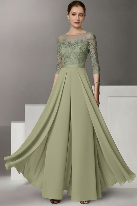 Sage Half Sleeves Chiffon Mother of Bride Jumpsuit with Appliques - Prom Dresses