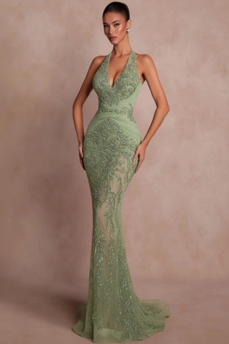 Halter Dark Green Mermaid Prom Dress Glitter Sequins Evening Gown