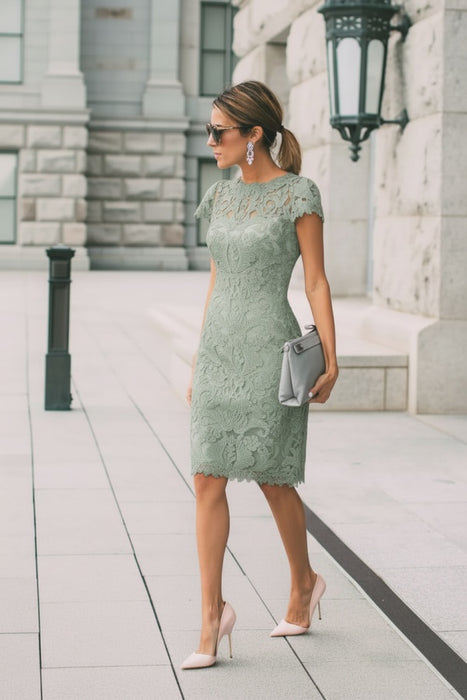 Sage Lace Formal Dresses Knee Length Mother of the Bride Dress Cap Sleeves