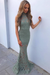 Sage Mermaid High Neck Sweep Train Sleeveless Lace Prom Sexy Evening Dress - Prom Dresses