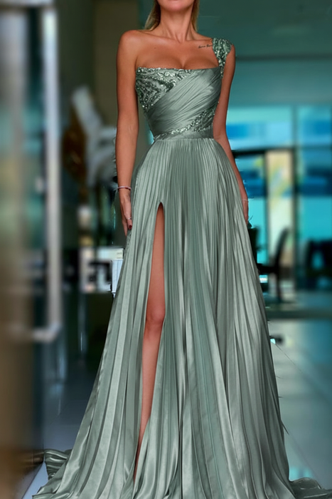 Sage Pleated A-Line One Shoulder Prom Dress Gown with Front Split - Prom Dresses