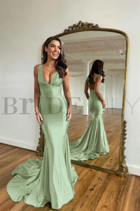 Green Prom Dress with Wide Shoulder V Neck Long Mermaid with Bead Embellishments - Prom Dresses