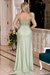 Sage Ruffle Satin Evening Dress Back View with Feather