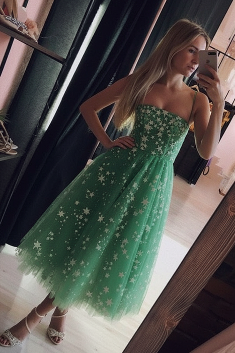 Sage Spaghetti Strap Tea Length Tulle Homecoming Dress Midi Prom Dresses - Prom Dresses
