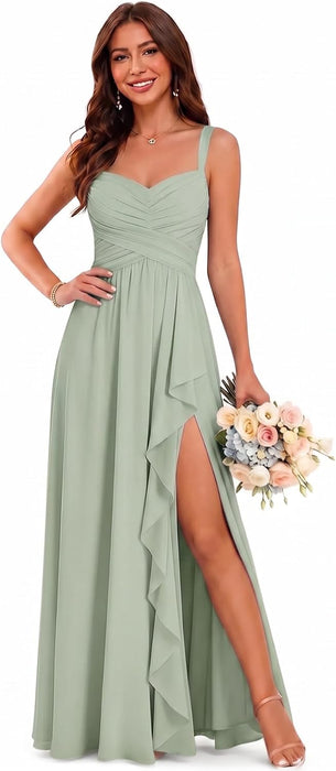 Women's Chiffon Bridesmaid Dresses Long Evening Formal Gown with Slit - Sage Green
