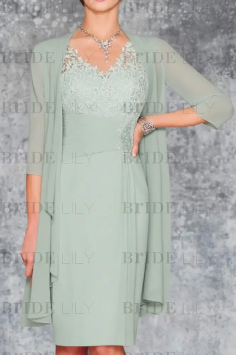 Sage Two Piece Ruffle Chiffon Mother of the Bride Outfit Lace Short Wedding Guest Dress - Prom Dresses