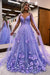 Spaghetti Straps Lavender Aline Evening Dress Satin Prom Dress with Flowers