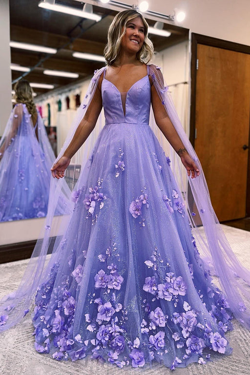 Spaghetti Straps Lavender Aline Evening Dress Satin Prom Dress with Flowers