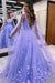 Spaghetti Straps Lavender Aline Evening Dress Satin Prom Dress with Flowers