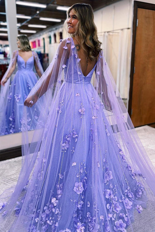 Spaghetti Straps Lavender Aline Evening Dress Satin Prom Dress with Flowers