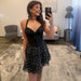 Satin Corset V-Neck Glitter Tulle A-Line Homecoming Dress Spaghetti Straps
