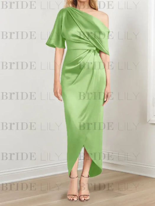 Satin dress with draped shoulder and waist knot in apple green