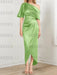 Satin dress with draped shoulder and waist knot in apple green