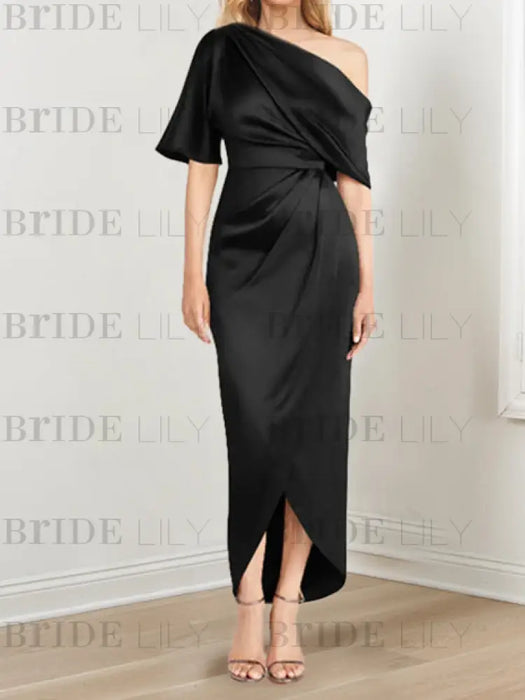Satin dress with draped shoulder and waist knot in black