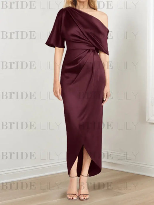 Satin dress with draped shoulder and waist knot in burgundy