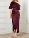 Satin dress with draped shoulder and waist knot in burgundy