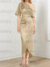 Satin dress with draped shoulder and waist knot in champagne gold