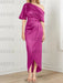 Satin dress with draped shoulder and waist knot in fuchsia